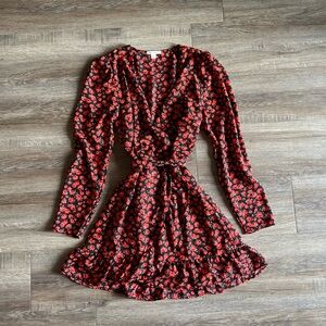 Miami Red and Black Floral Long Sleeve Wrap Dress